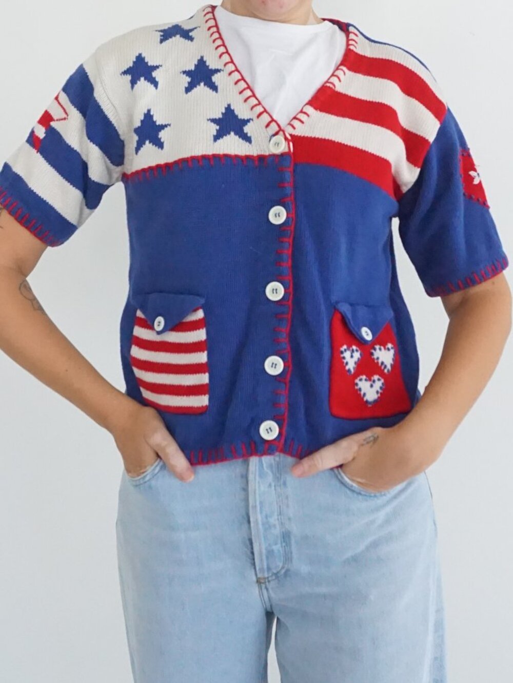 Vintage Casual Living Red White Blue Flag Stars Patriotic Button Knit Cardigan M
